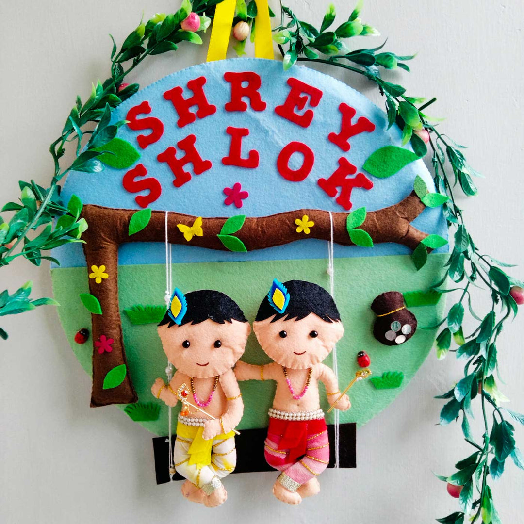 Personalized Krishna On Swing Theme Felt Kids Name Plate For Brothers