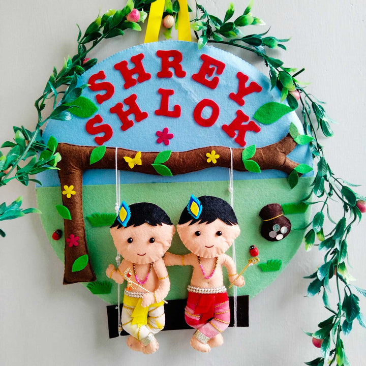 Personalized Krishna On Swing Theme Felt Kids Name Plate For Brothers