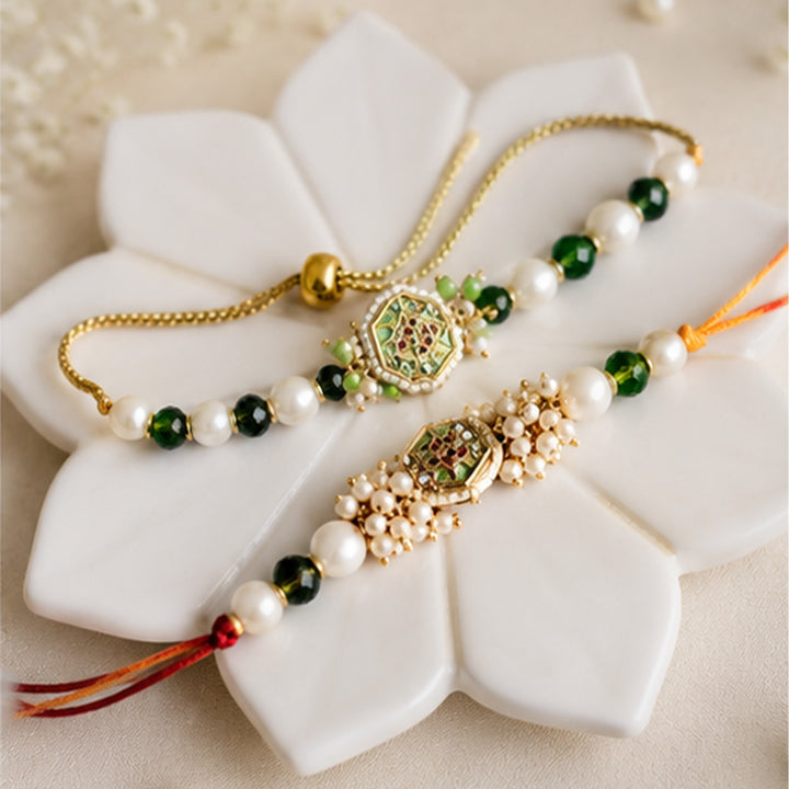 Hand-Knotted Beaded Green Rakhi & Lumba Set For Bhaiya Bhabhi | Set of 2
