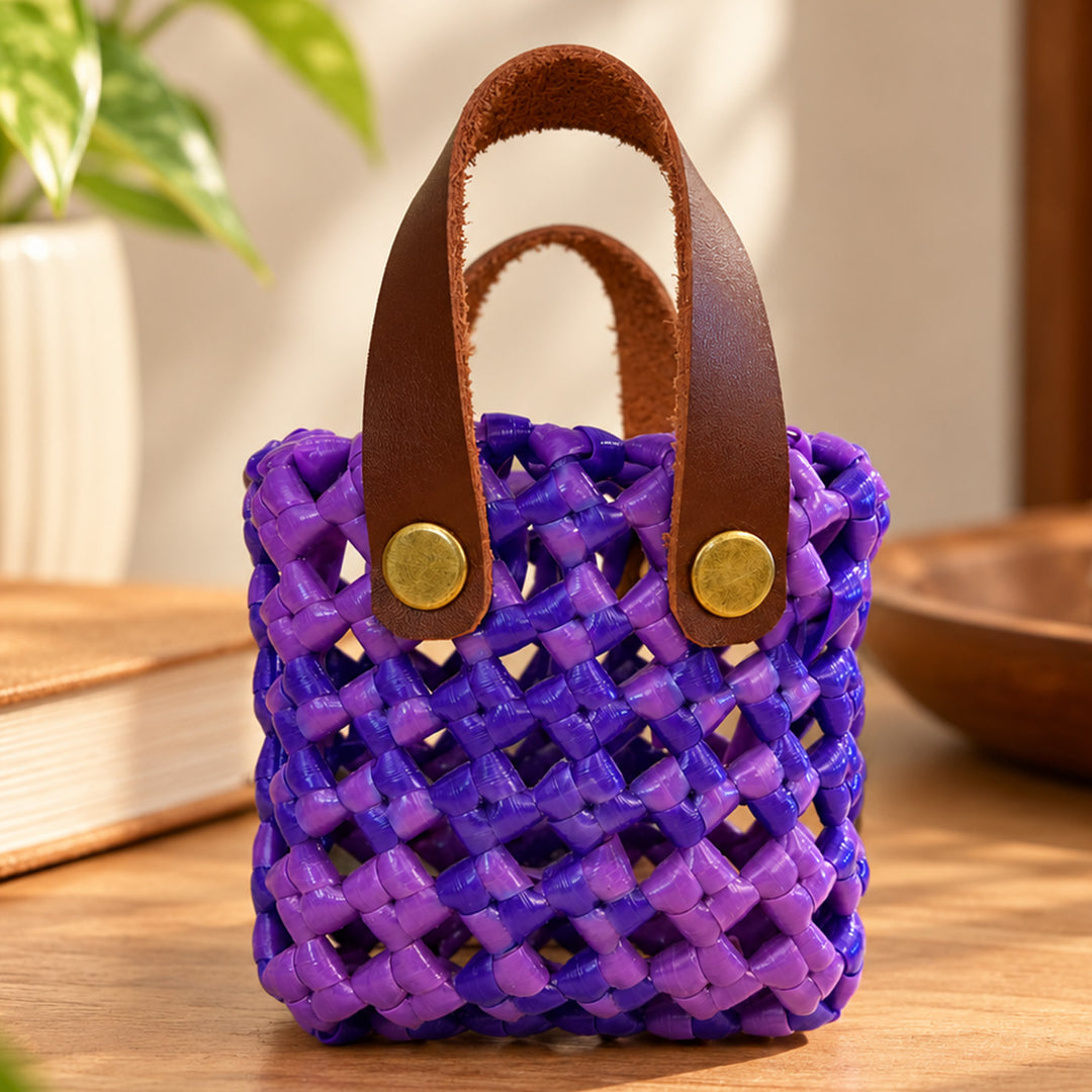 Handwoven Purple Mini Koodai Bag Charm/Festive Gift Pouch With Brown Handles