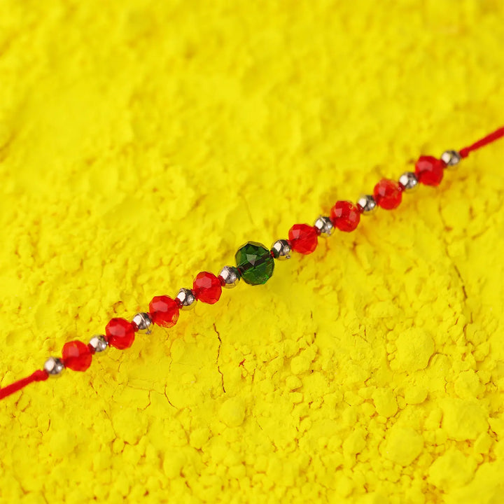 Handmade Beaded Red & Green Rakhi With Roli Chawal