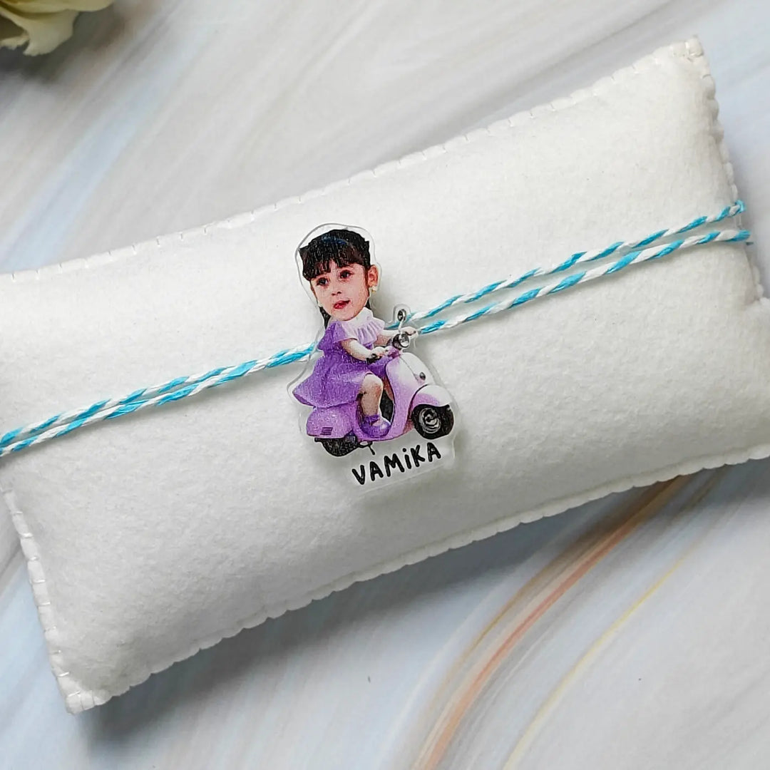 Photo Personalized Reusable Caricature Cute Scooter Theme Acrylic Kids Rakhi