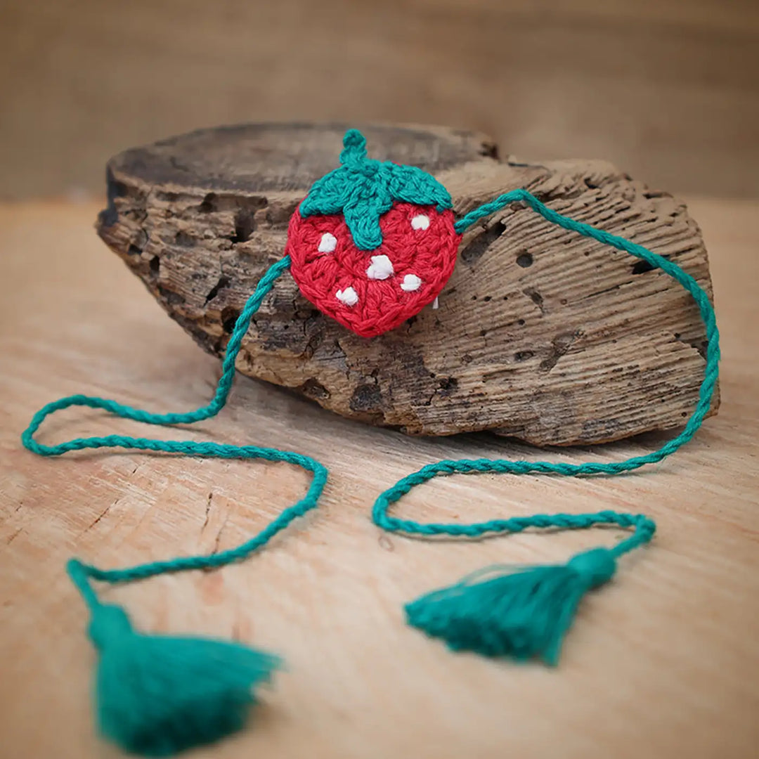 Handmade Crochet Strawberry Theme Kids Rakhi With Roli Chawal