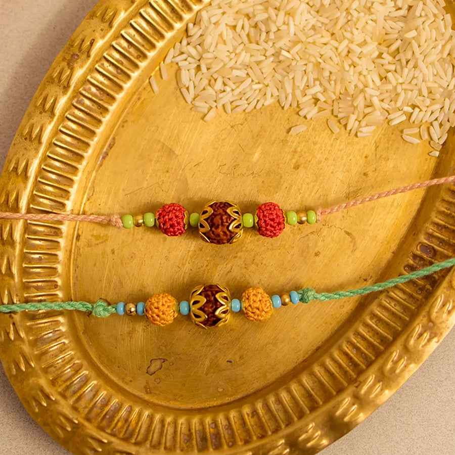 Handmade Crochet Rudraksh Rakhi With Roli Chawal Set Of 2 - Close-up of Rakhi Beads