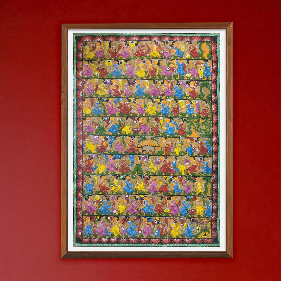 44 x 29 Inch | Ras Leela of Lord Krishna | Original Hand Painted Kalighat Painting | Natural Colors On Paper