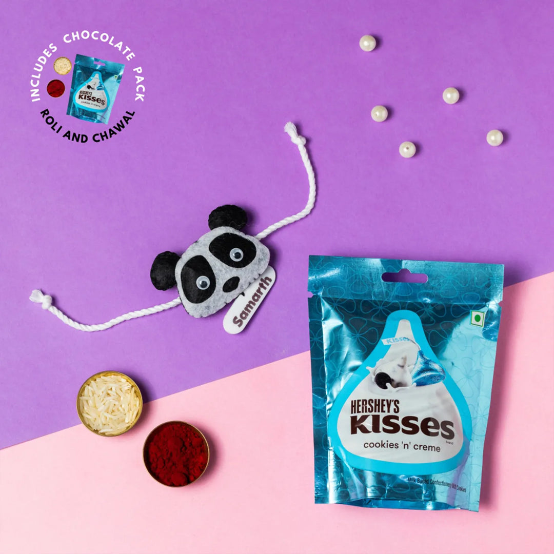 Personalized Handmade Panda Theme Felt Kids Rakhi With Chocolates & Roli Chawal