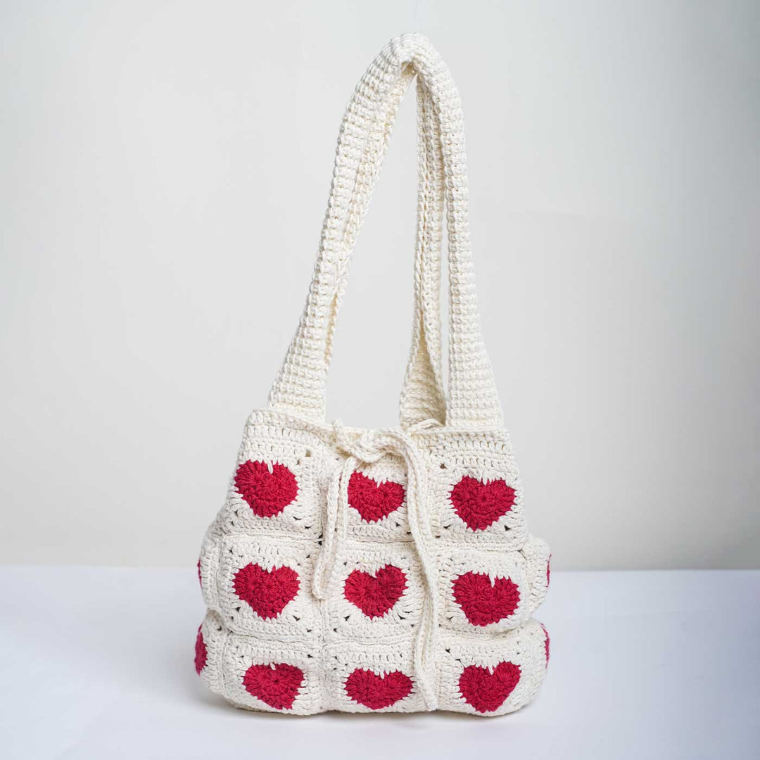 Handmade Crochet Heart Design Cotton Handbag