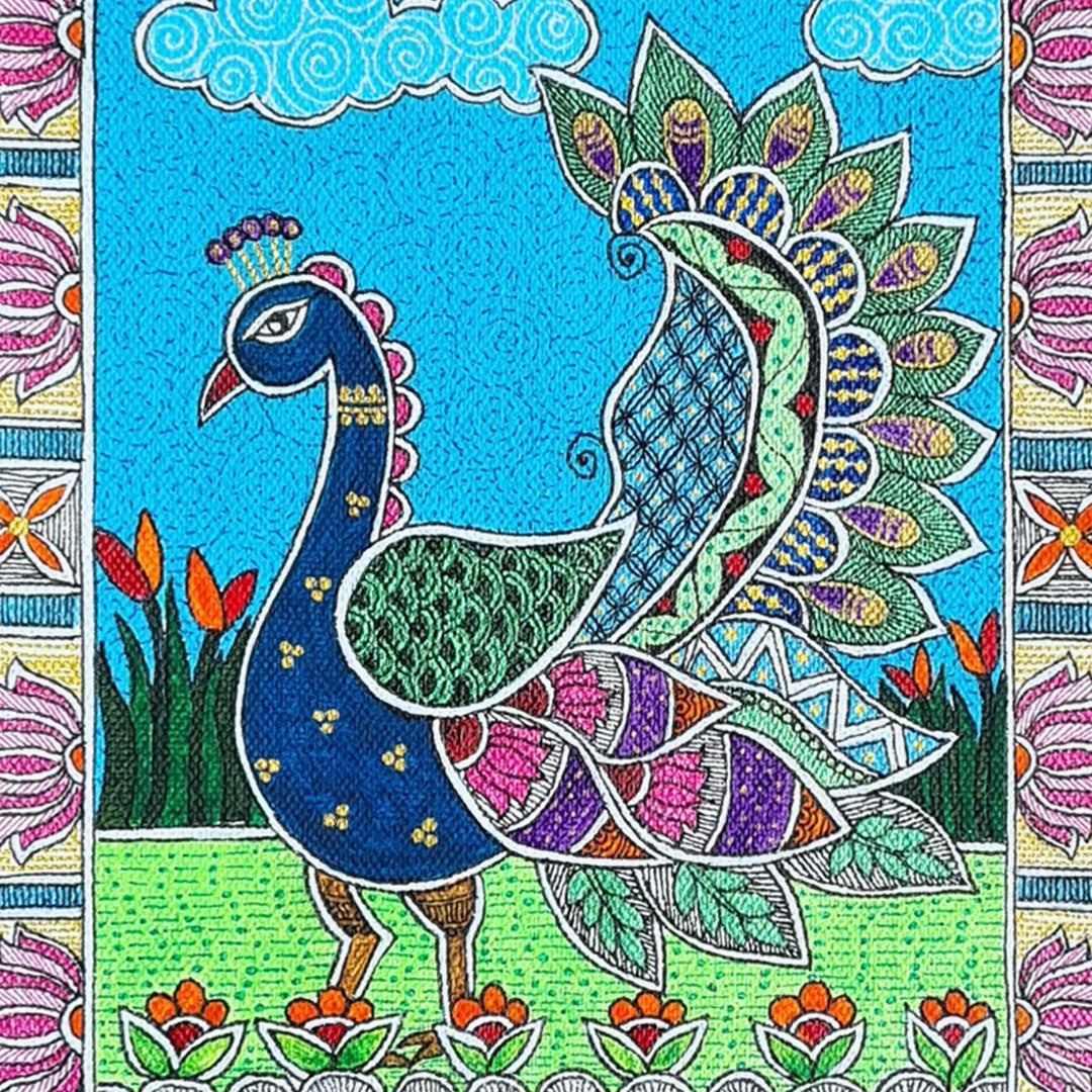 10 x 7 Inch | Dancing Peacock | Original Hand Painted Madhubani Painting On Canvas