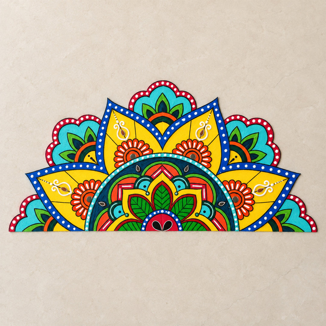 2 Pc | Hand-Painted Blue & Yellow Half Mandala Split Kolam Mdf Rangoli With Mirror Work For Festive Decor