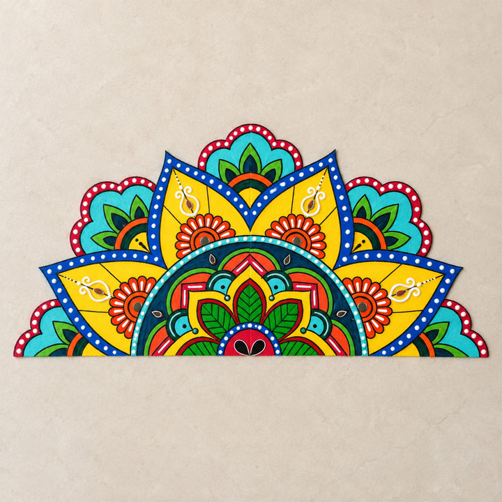 2 Pc | Hand-Painted Blue & Yellow Half Mandala Split Kolam Mdf Rangoli With Mirror Work For Festive Decor