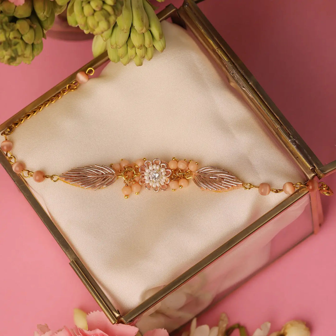 Handmade Beaded Peach Rakhi With Roli Chawal