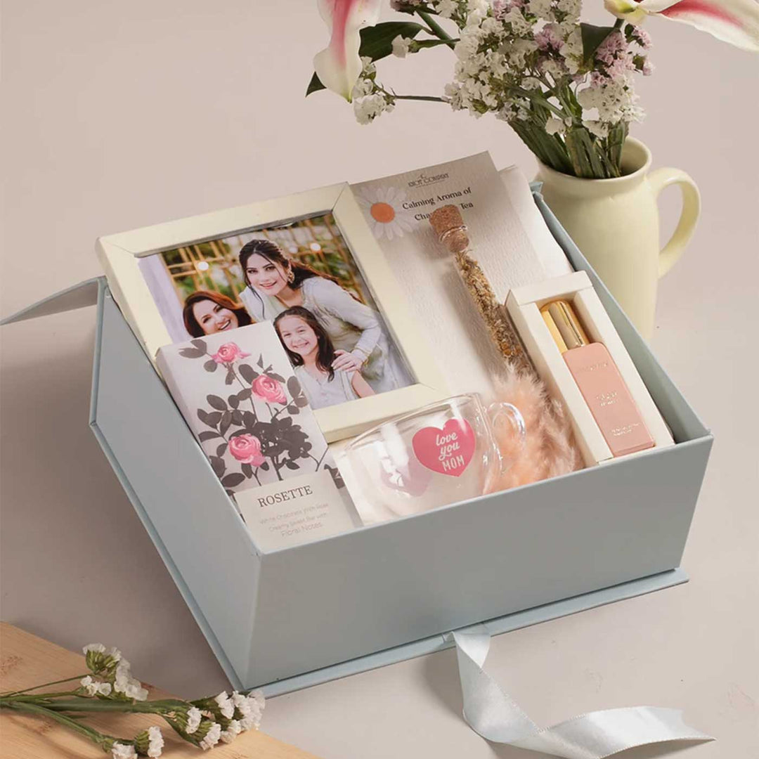 Photo Personalized Dear Mom, With Love Gift Box | Includes 1 Rose White Milk Chocolate Bar, 1 Ivory Photo Frame, 1 “Love You Mom” Glass Tea Cup, 1 Chamomile Tea Glass Tube, 1 Perfume, 1 Peek-A-Boo Gift Box