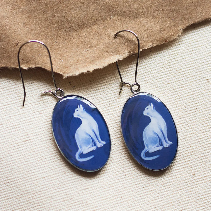Illustrated Blue Cat Design Stainless Steel Earrings