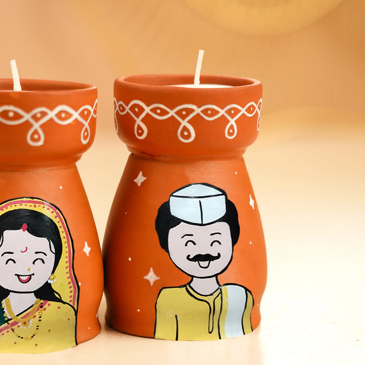 Hand-Painted Maharata Couple Terracotta Tealight Holder | Set Of 2