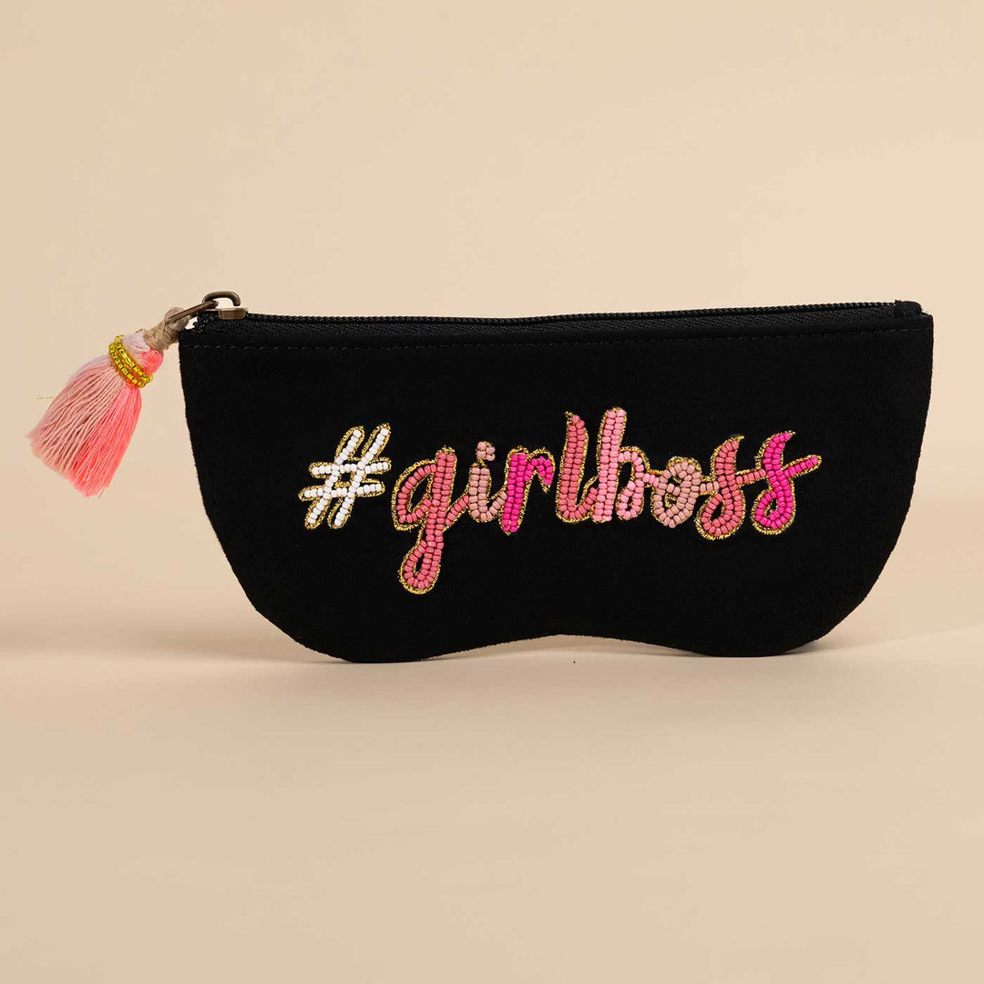 Handmade Embroidered Girlboss Design Suede Sunglass Cover