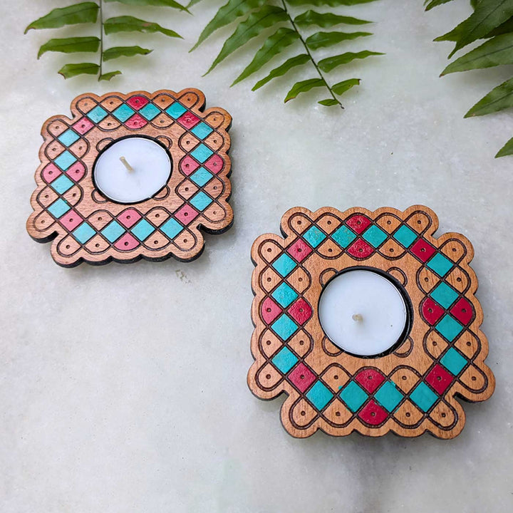 4 pc | Wave Lattice Hand-Painted Engraved Mahogany Wood Kolam Tealight Holders
