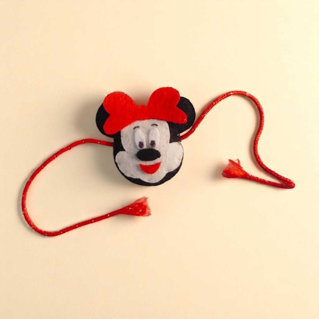 Handmade Beaded Mickey Mouse Theme Pom Pom Felt Rakhi With Roli Chawal For Kids - Front View on Neutral Background