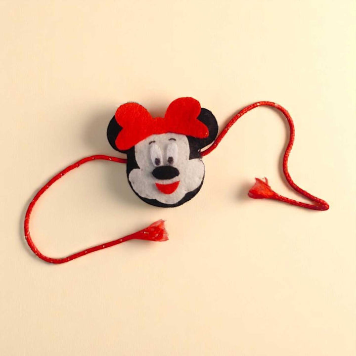 Handmade Beaded Mickey Mouse Theme Pom Pom Felt Rakhi With Roli Chawal For Kids - Front View on Neutral Background