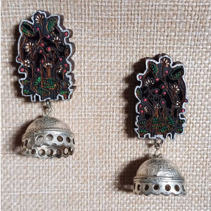 Handmade Black Floral Design Wooden Earrings