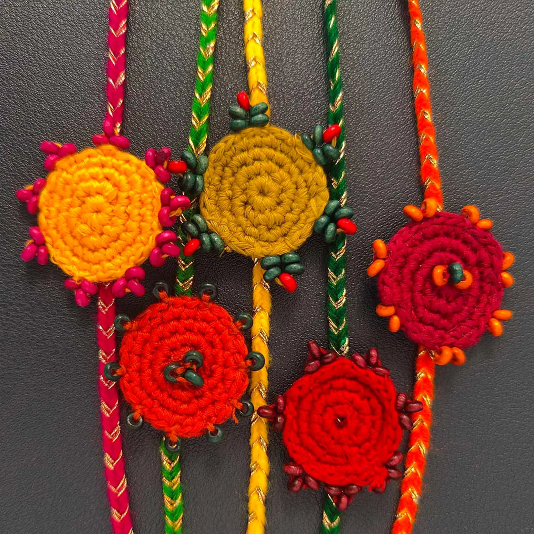 Handmade Crochet Beaded Round Ethnic Rakhi With Roli Chawal