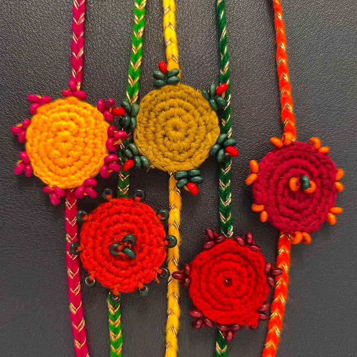Handmade Crochet Beaded Round Ethnic Rakhi With Roli Chawal