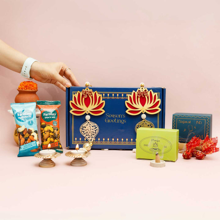 Handmade Mridula Gift Hamper | Includes 2 Snacks Mix, 1 X Set Sajavat Shubh Labh, 1 Pooja Samaghri Dhoop, 2 Metal Diya, 1 Plantable Seed Ball, 1 Diwali Card And 1 Box