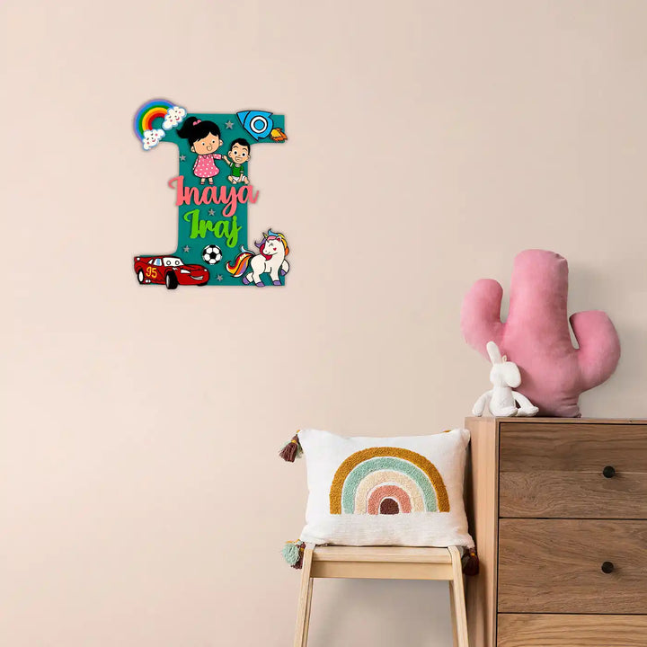 Personalized Initial Monogram MDF Wood Kids Name Plate For Siblings