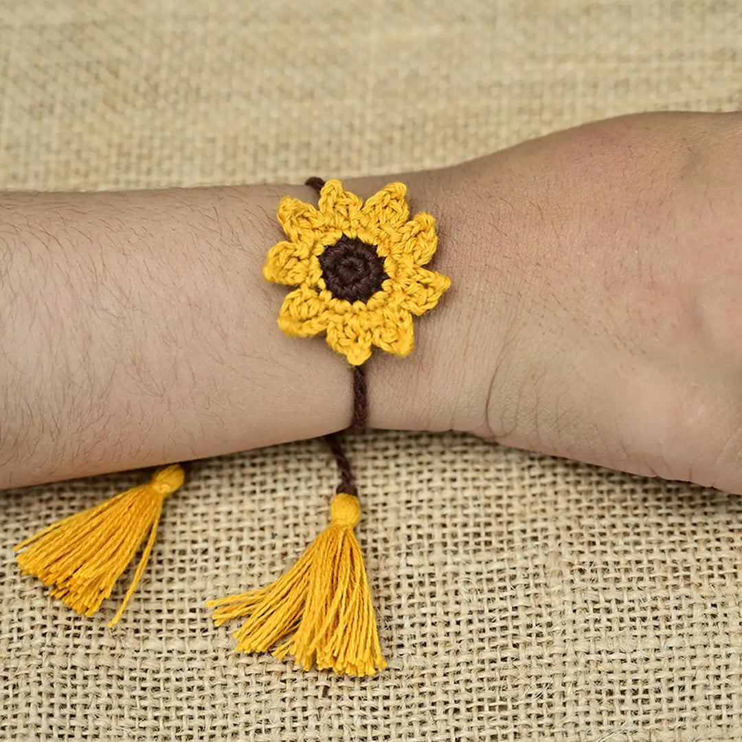 Handmade Crochet Sunflower Theme Kids Rakhi With Roli Chawal