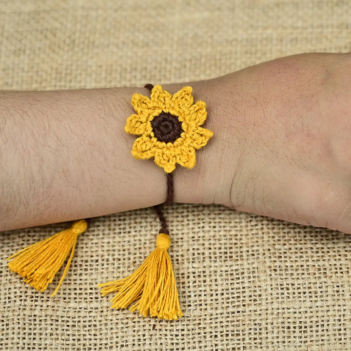 Handmade Crochet Sunflower Theme Kids Rakhi With Roli Chawal