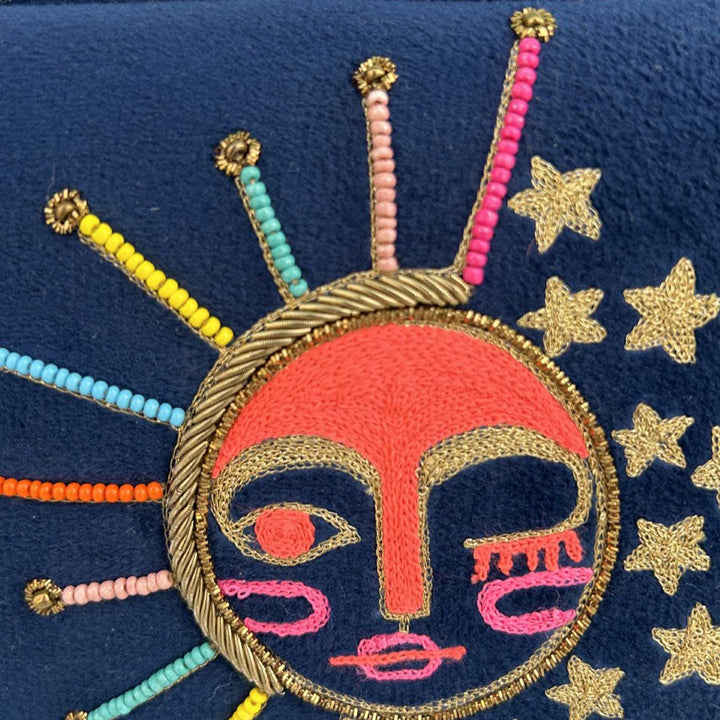 Handmade Embroidered Sunshine Design Blue Velvet Sling Bag