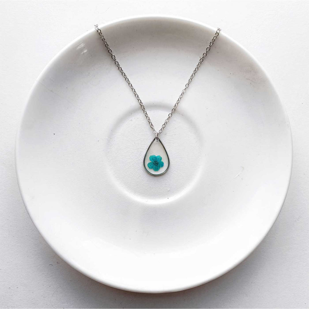 Blue Chirpy Preserved Flower Drop Stainless Steel Necklace