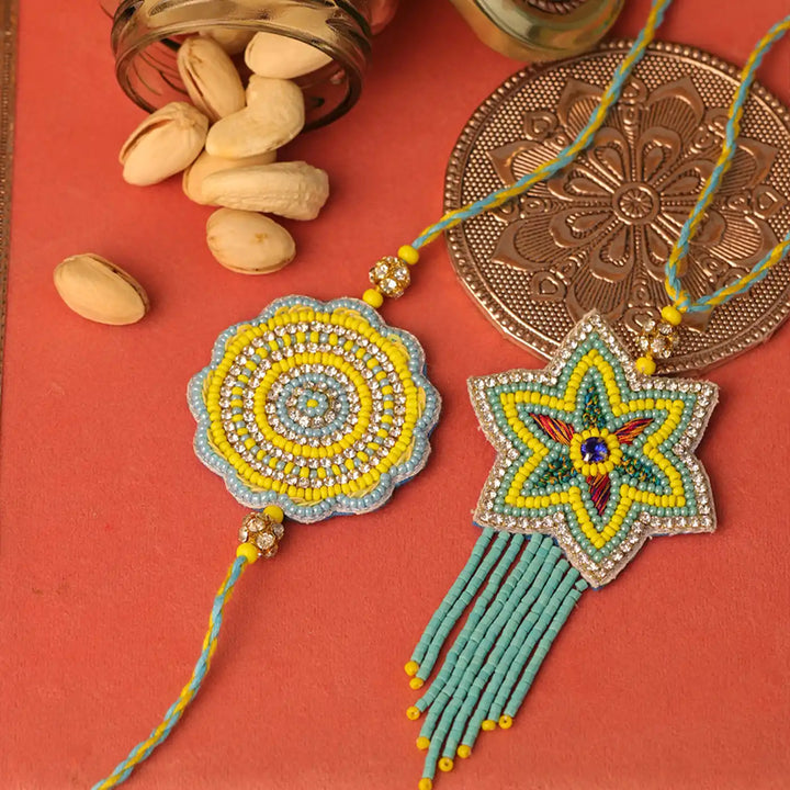 Handmade Beaded Blue & Yellow Bhaiya Bhabhi Rakhi With Roli Chawal | Set Of 2