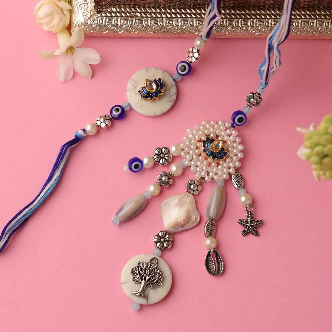 Handmade Lotus & Evil Eye Bhaiya Bhabhi Rakhi With Roli Chawal | Set Of 2