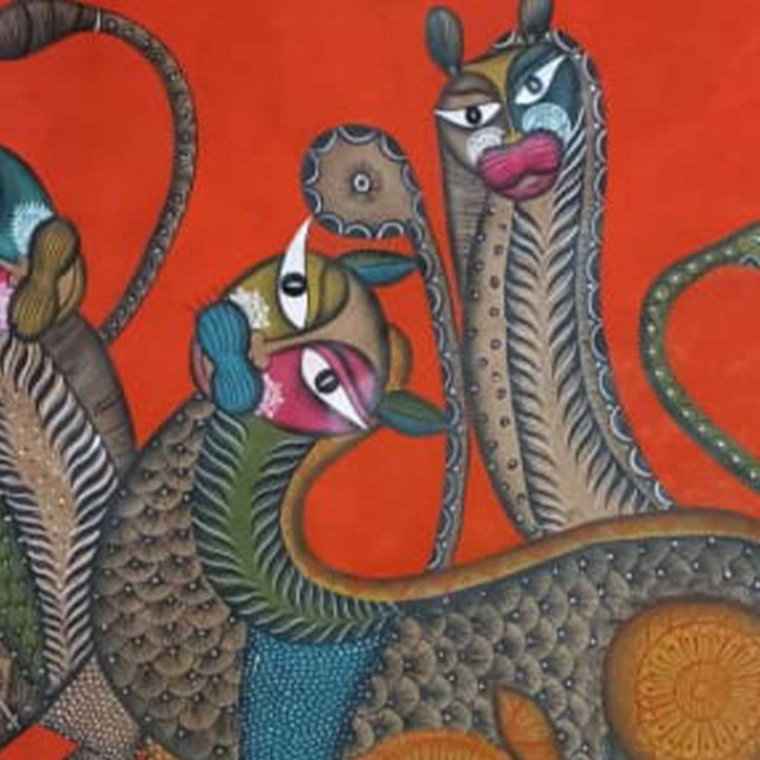 29 x 48 Inch | Cat Family | Original Hand Painted Kalighat Painting | Natural Pigment On Paper