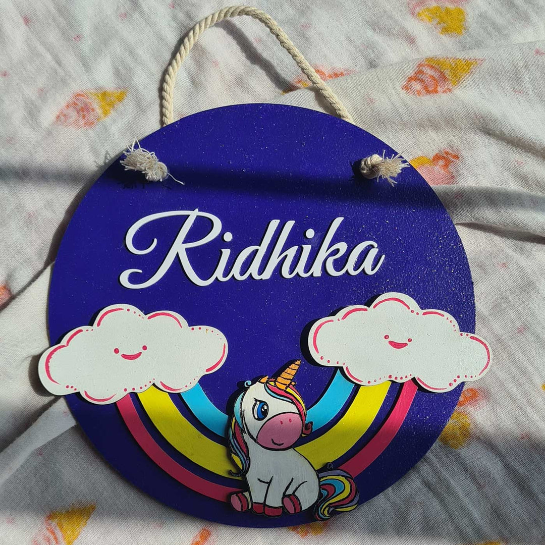 Personalized Rainbow and Unicorn Theme MDF Wood Kids Name Plate