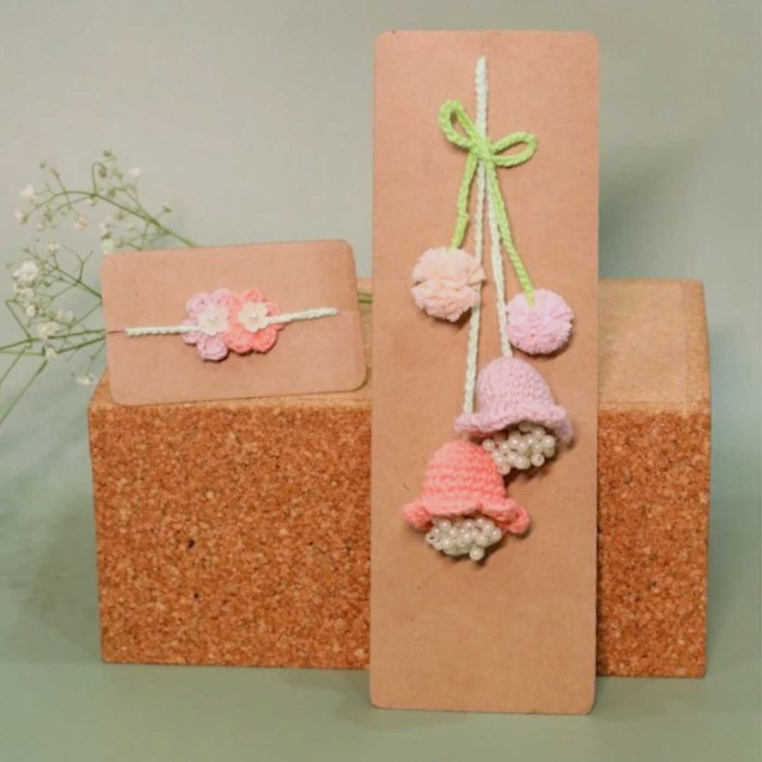 Handmade Crochet Forever Flowers Kids Rakhi With Roli Chawal Copy - Crochet necklace and bracelet on display cards (4)