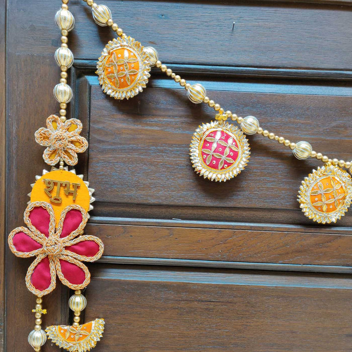 3 Pc | Handmade Festive Red & Orange Gota Patti Banderwal Toran with Shubh Labh Hangings