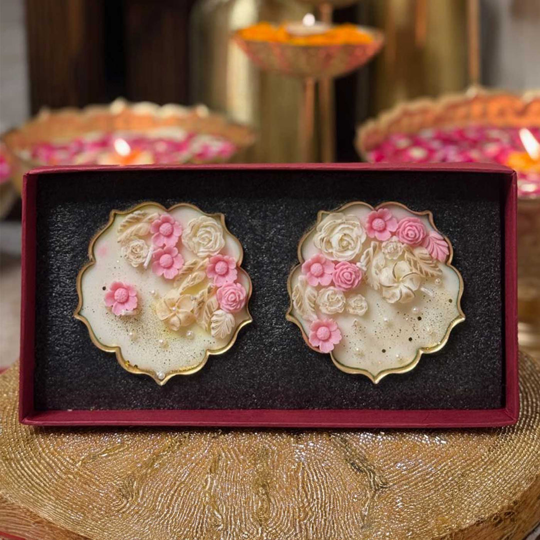 2 Pc | Handmade White And Pink Flower Embed Soy Wax Scented Urli Candle