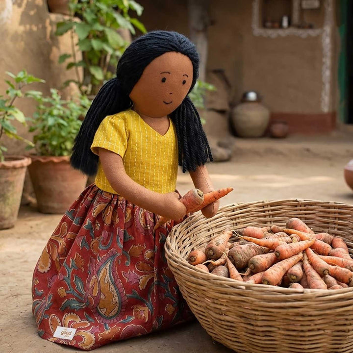 Nilah's (Elder Sister) Malai In Yellow & Orange Dress | Soft Hand-Stitched Sustainable Indian Play Doll