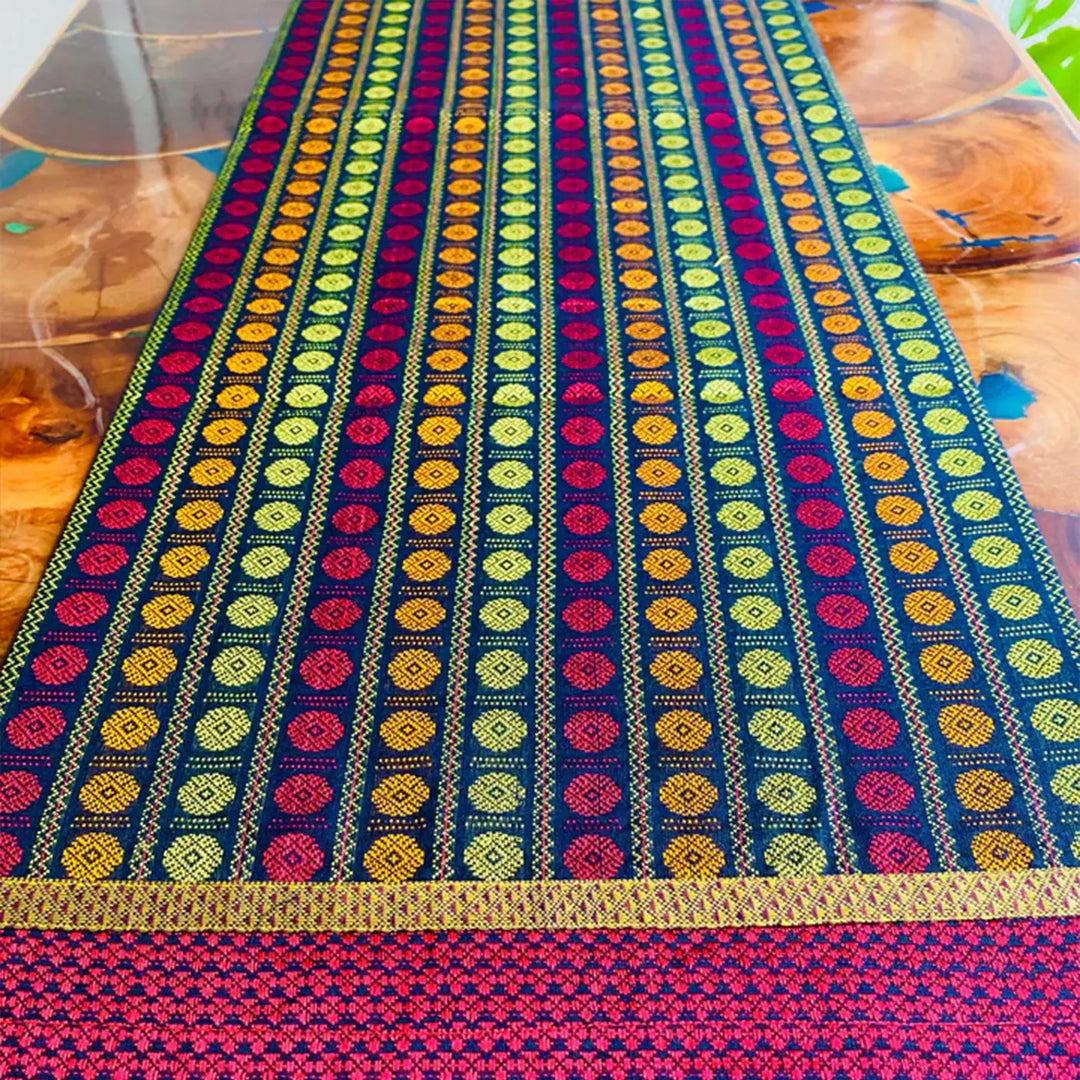 Handmade Colorful Rudraksha Design Khunn Fabric Cotton Table Runner | 13 x 60 Inch