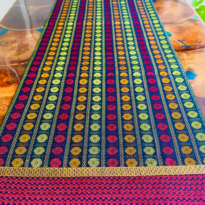 Handmade Colorful Rudraksha Design Khunn Fabric Cotton Table Runner | 13 x 60 Inch