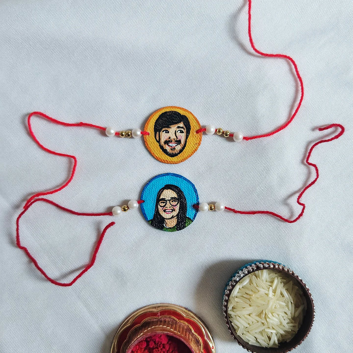 Photo Personalized Hand-Painted Caricature Rakhi | Set Of 2