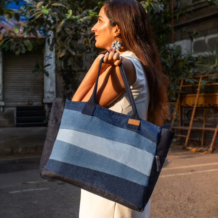 Upcycled Striped Denim Eco-Friendly Laptop Tote Bag