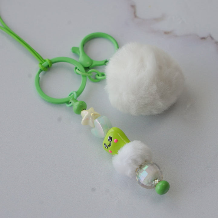 Mint Green Character Bead & Fluffy Pom Pom Bag Charm With Keyring