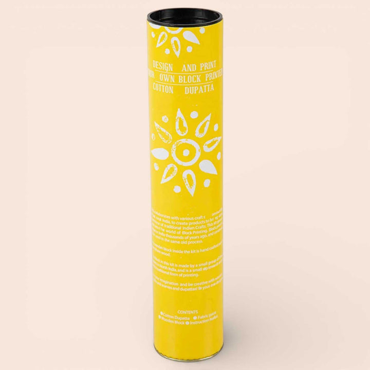 Yellow Floral Dupatta Block Print DIY Kit | Includes 1 White cotton dupatta, 1 Fabric paint, 1 Wooden block And 1 Sponge
