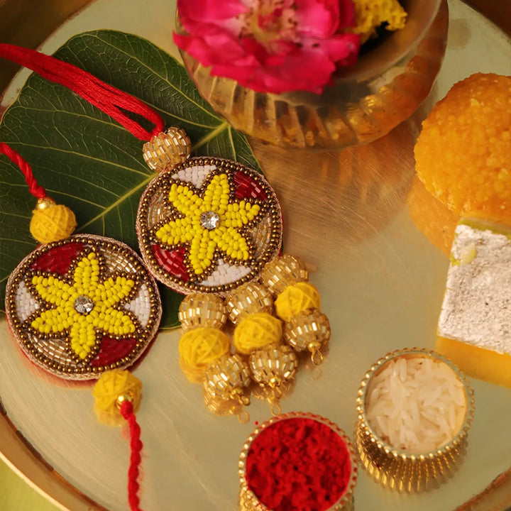Handmade Beaded Floral Bhaiya Bhabhi Rakhi With Roli Chawal | Set Of 2