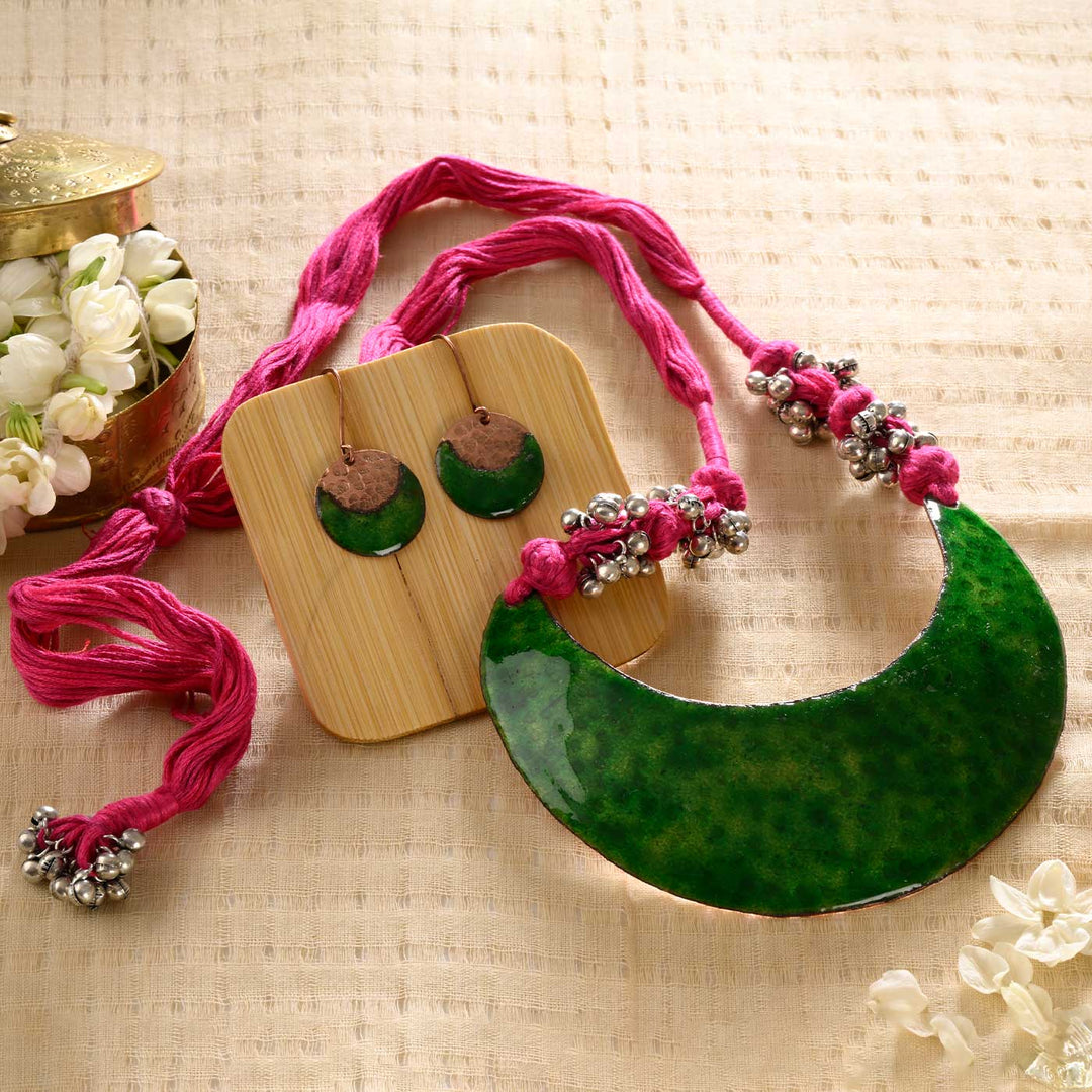 Handmade New Moon Shaped Ghungroo Copper Pendant With Earrings