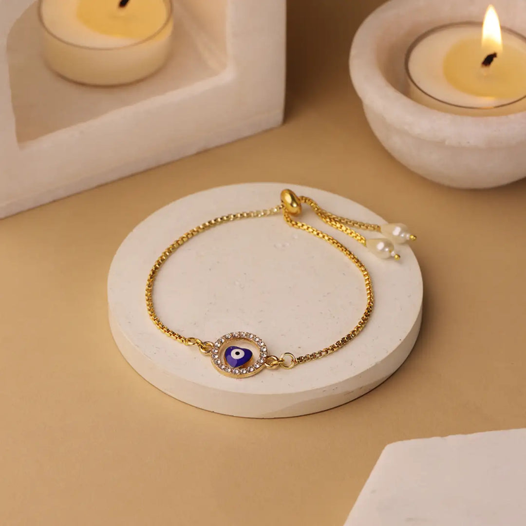 Handmade Evil Eye Heart Charm Bracelet Rakhi With Roli Chawal