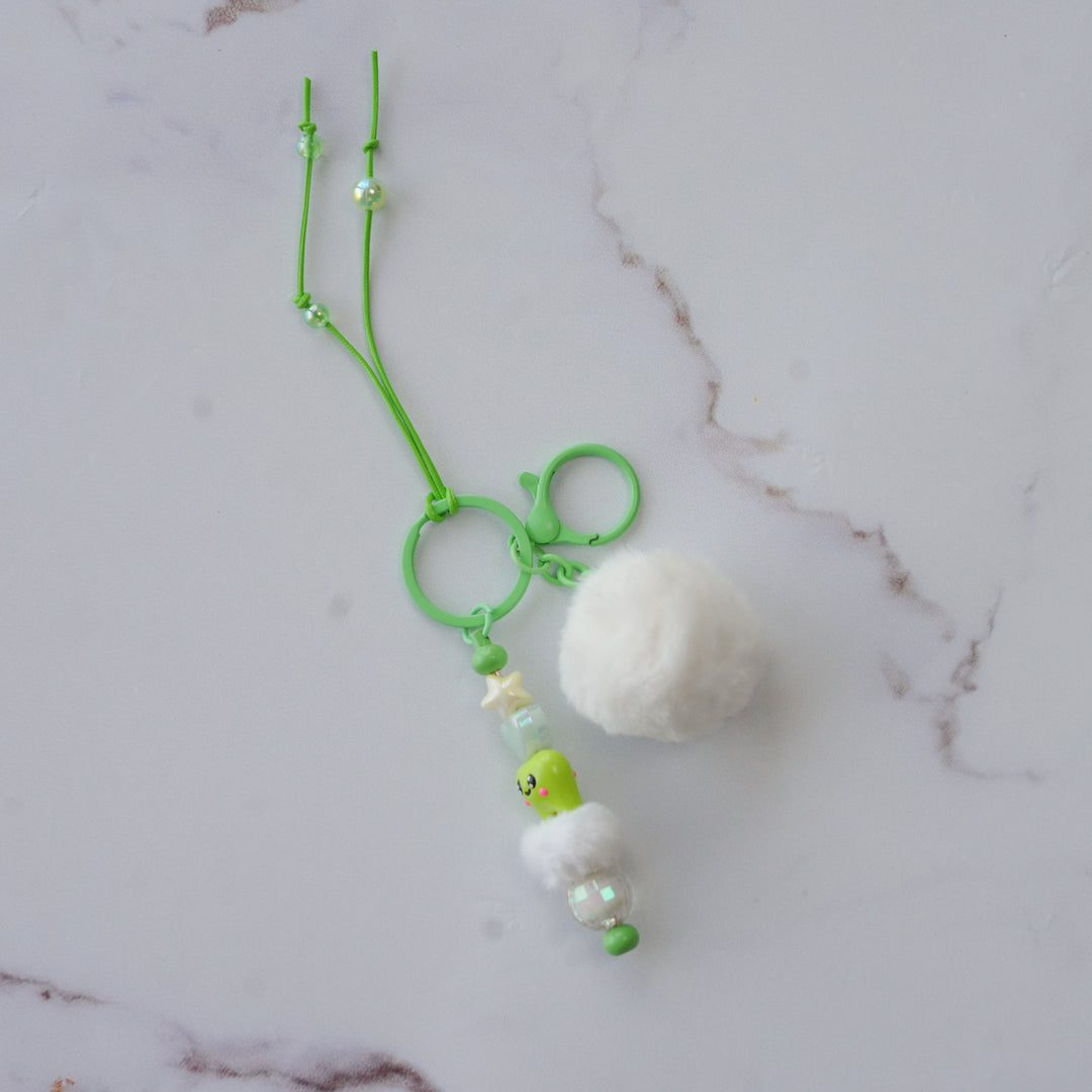 Mint Green Character Bead & Fluffy Pom Pom Bag Charm With Keyring