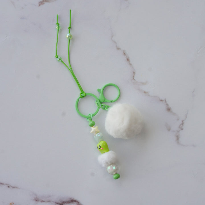 Mint Green Character Bead & Fluffy Pom Pom Bag Charm With Keyring